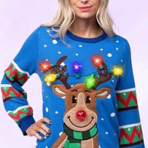 Joyin reindeer lightbulb ugly christmas sweater in blue, brown, white, red mediu